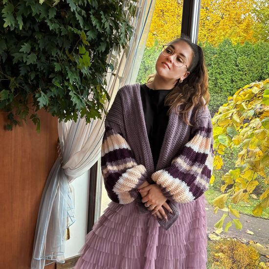 Dusty Violet Knit Cardigan: Oversized Wool Knitted Jacket Striped Bell Sleeves, code IA7